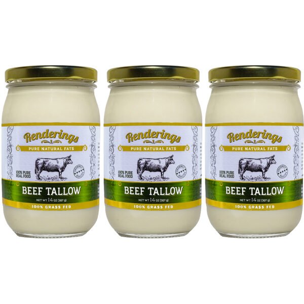 Rendering’s Beef Tallow, 100% Grass-Fed & Finished, Cooking, Baking and Frying, 14 oz jar - 3 Pack