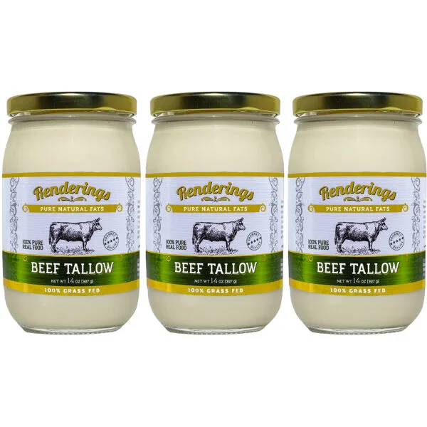 Rendering’s Beef Tallow, 100% Grass-Fed & Finished, Cooking, Baking and Frying, 14 oz jar - 3 Pack