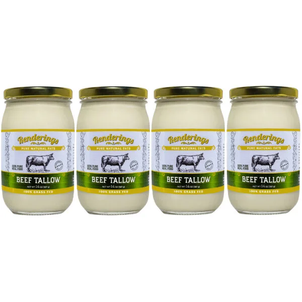 Renderings Beef Tallow, 100% Grass-Fed & Finished, Cooking, Baking and Frying, 14 oz jar – 4 Pack