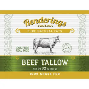 Label for 10 lbs of 100% grass-fed beef tallow, featuring product name and weight prominently displayed.