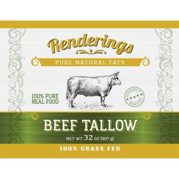 Label for 10 lbs of 100% grass-fed beef tallow, featuring product name and weight prominently displayed.